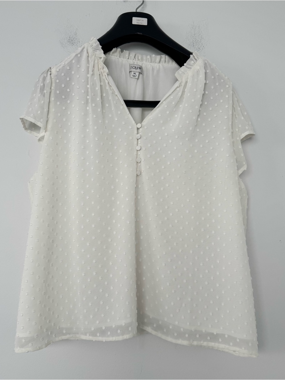 J.Crew Sheer Top Womens XL White Swiss Dot V-Neck Button Front Blouse Coquette